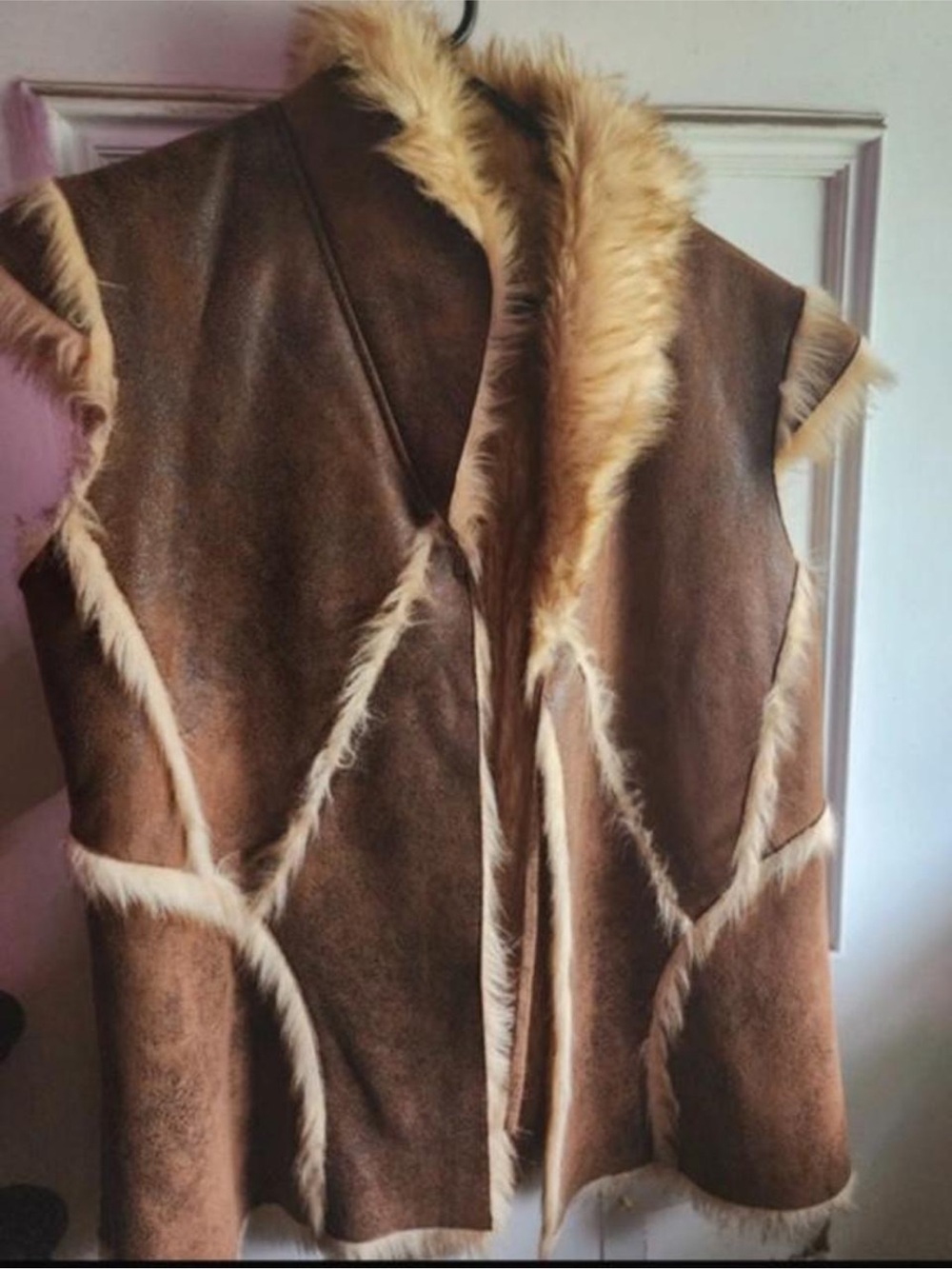 Brown Faux Shearling Vest with Fur Trim - Women